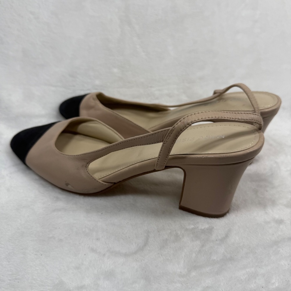 Marc Fisher Beige Leather Black Suede Cap Toe Slingback Block Heel Pumps 9.5 - Picture 12 of 14